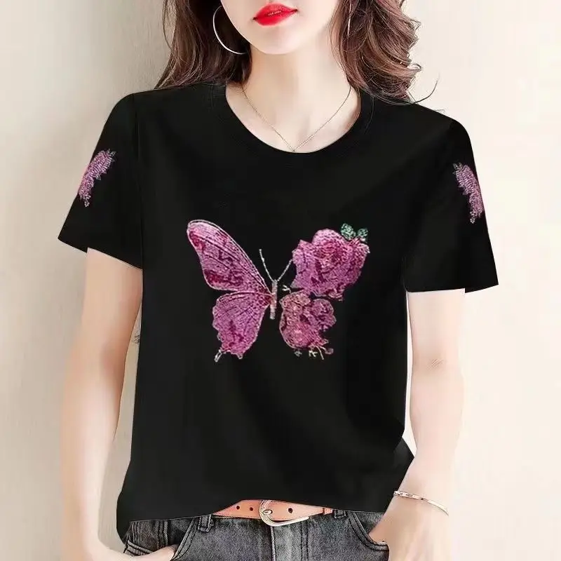 2026 Summer New Women's Short Sleeve T Shirt Rhinestone Diamond Accented Blouse Slimming Stylish for Middle Aged