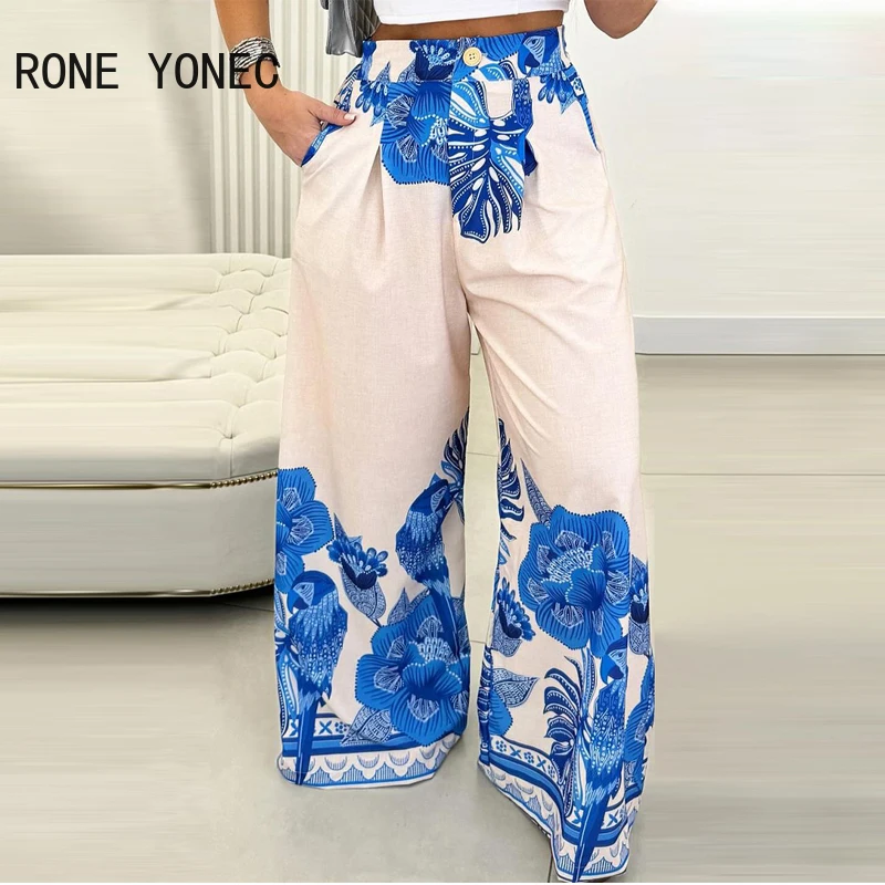 Women Chic Spaghetti Straps Solid Crop Top & Allover Print Bottoms Pants Vacation Sexy Pants Sets