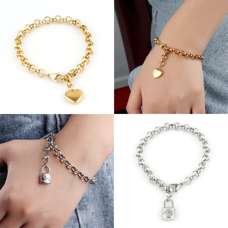 Stainless Steel Bracelet For Women Double Layer Chain Bracelet Heart Pendant Bracelets Bohemian Lock Bracelet Jewelry Gift