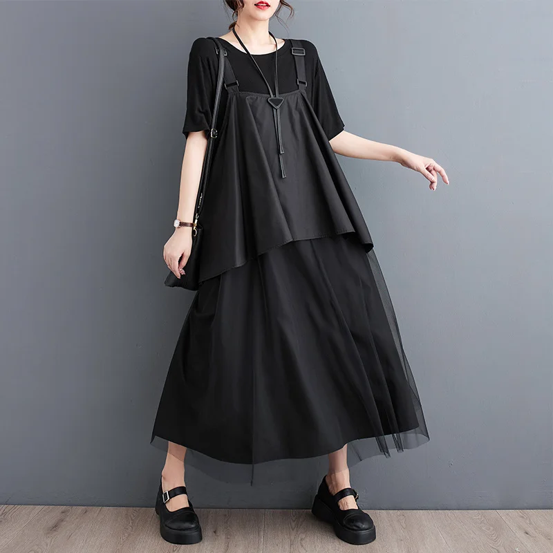 #3454 schwarz falsch zweiteiliges langes T-Shirt Kleid Frauen gespleißt Mesh Midi Kleid Femme lose Kurzarm T-Shirt Kleider Sommer