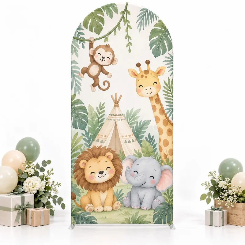 VIKAMA, arche décorative à motifs d’animaux de la jungle, recto-verso, avec des lions, des éléphants, des girafes et des singes, idéale pour un baby shower ou une fête d’anniversaire pour les garçons.