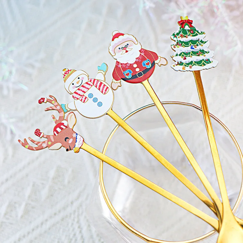 4pcs Stainless Steel Mirror Finish Christmas Series Spoon Fork Cartoon Santa Claus Snowman Metal Coffee Dessert Spoon Xmas Gift