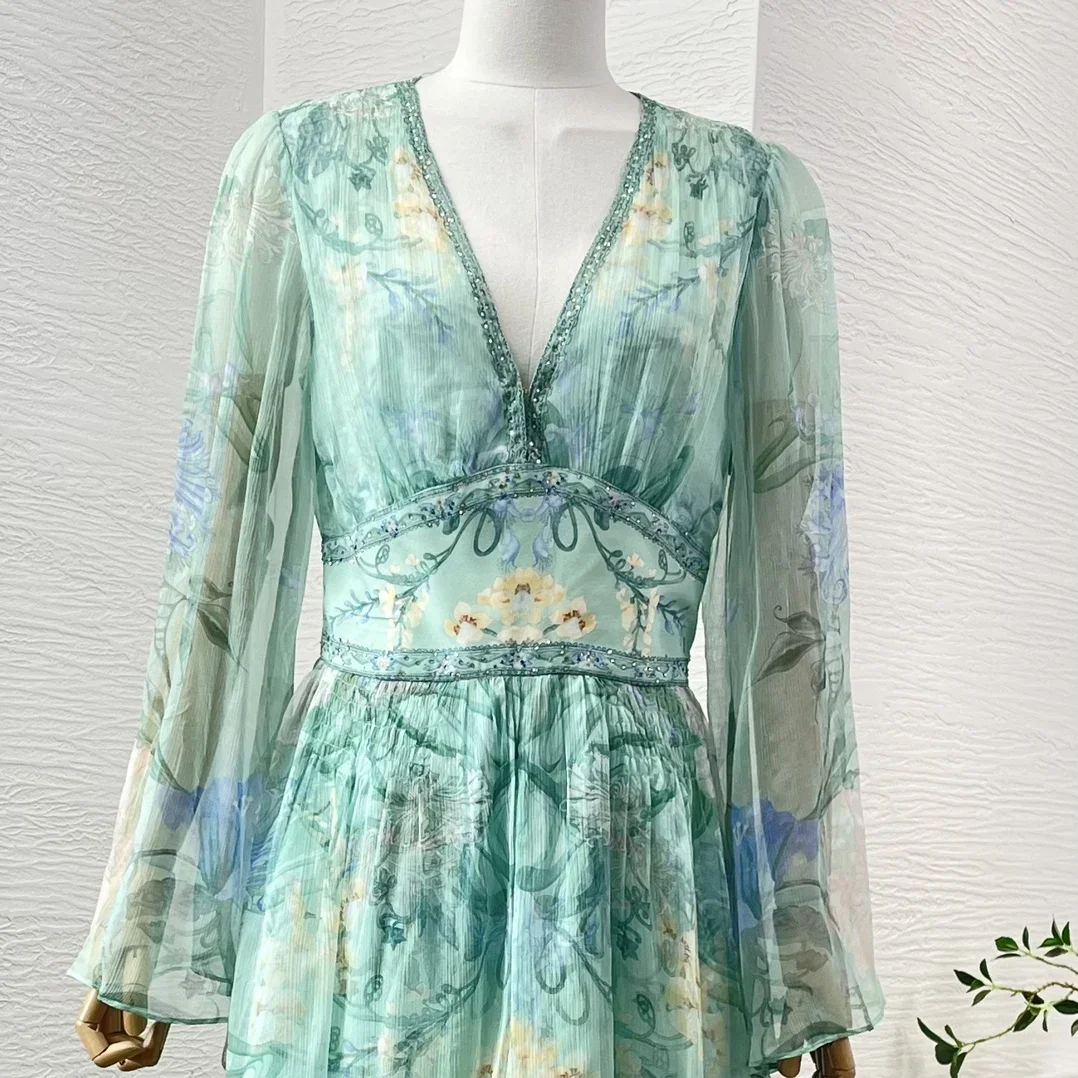 NewCollection Top Quality Silk Mint Green Floral Print Long Sleeve Deep V Neck Women Midi Dresses for Party Holiday