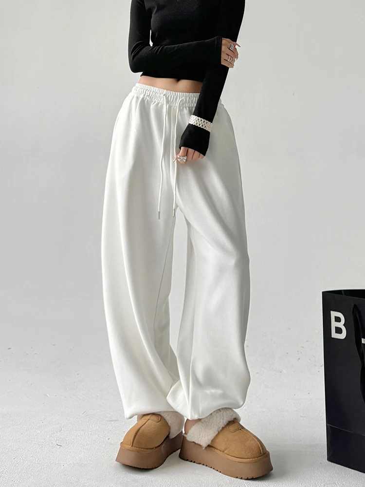 

White Fce Lined Loose Fit Trousers Women's Spring Autumn Winter High Waist Wide Leg Casual Dstring American Sle Sweat...