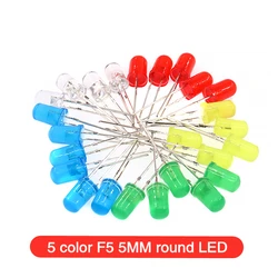 Light Emitting Diode 5 Colors F5 5MM Round LED Assortment Kit Ultra Bright Diffused Green/Yellow/Blue/White/Red 100 PCS/piece