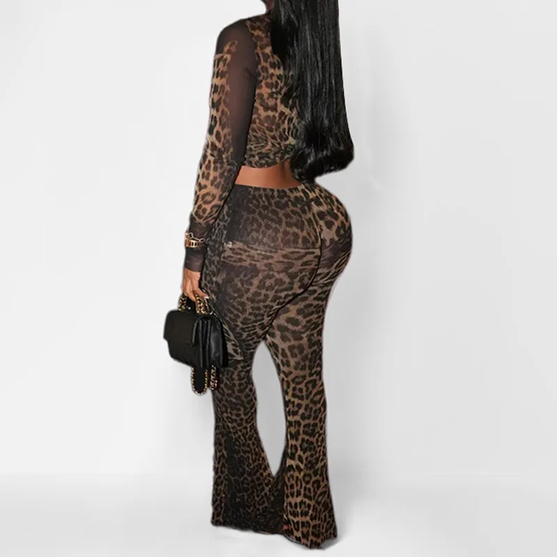 SsTss 2025 Nieuwe Sexy Mode Luipaard Print Lange Mouw Bodycon Shirt Top & Dames Hoge Taille Slim Fit Broek 2-delige Set