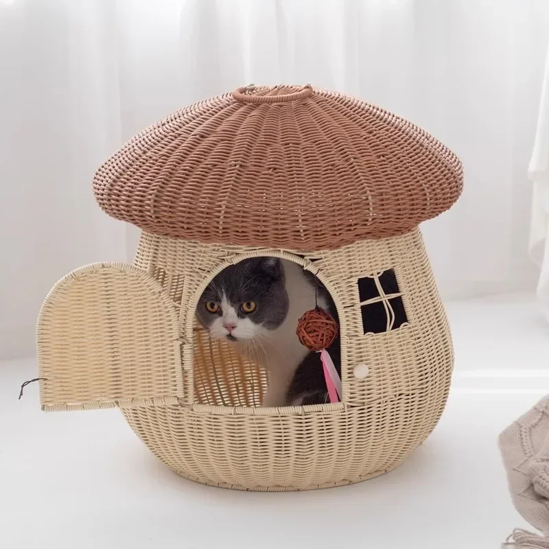 Cat nest four seasons universal mushroom house pet supplies summer rattan closed kitten house removable and washable villa