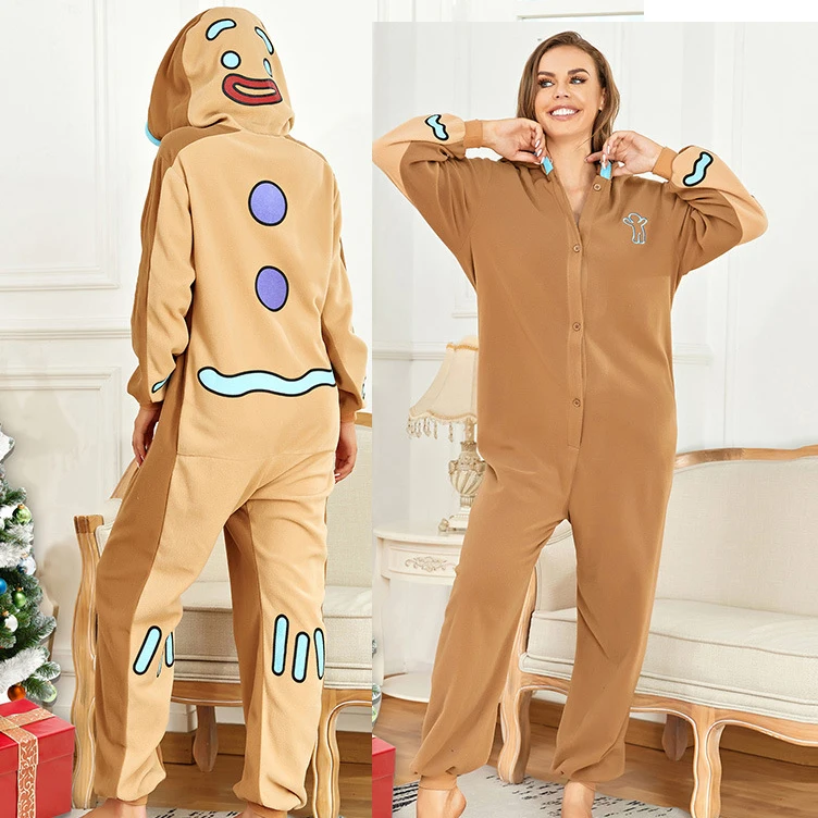 Funny Polar Fleece Jumpsuit Pajama Halloween Christmas Gingerbread Pajamas Kigurumi Cosplay Costume Hooded Onesies Homewear