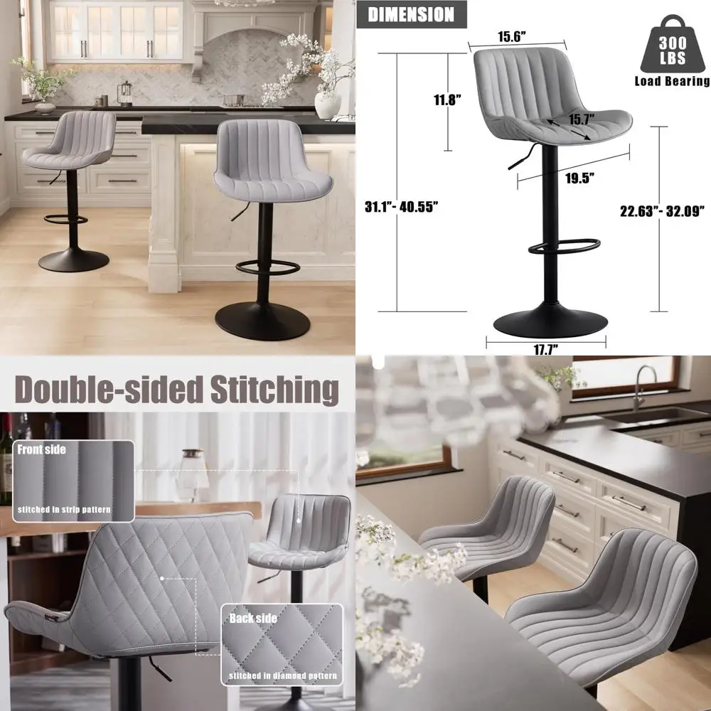 

Modern Swivel Bar Stools Set of 2, Grey Faux Leather Upholstered Counter Height Chairs with Back Support