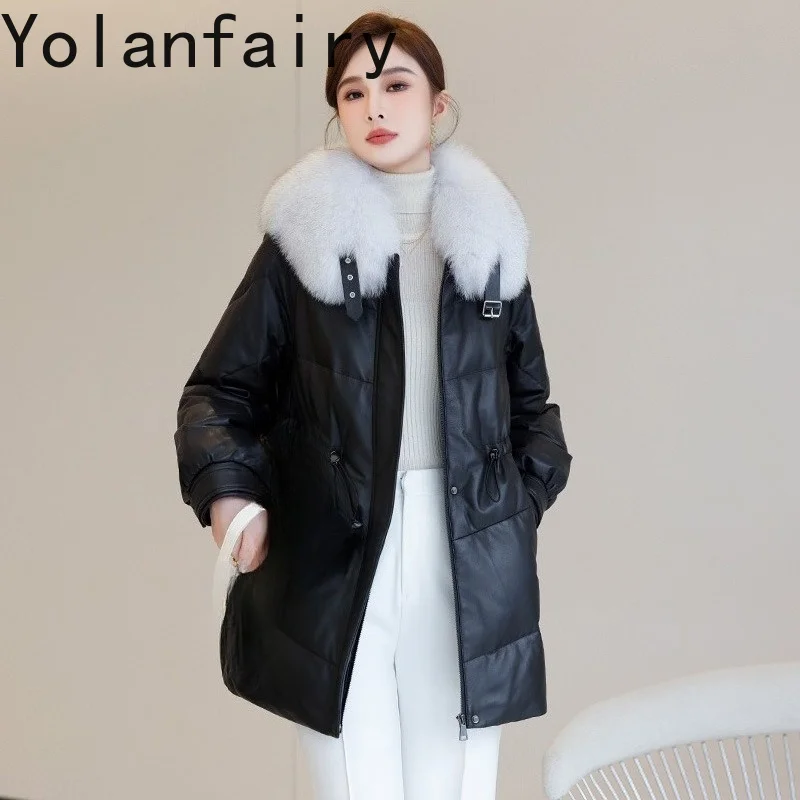 YOLANFAIRY Real Sheepskin Coats Woman Fox Fur Collar Mid Length Genuine Leather Coat Sailor Collar Loose Jackets Пиджак Женский