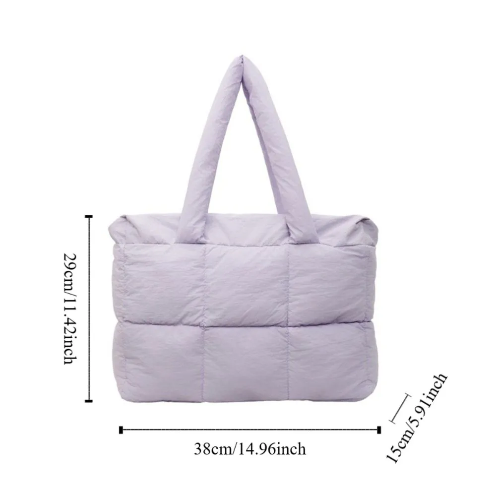 캐주얼 솔리드 컬러 푸피 토트백 겨울 대용량 다운 천 핸드백 방수 레저 퀼팅 체크 가방 여성용