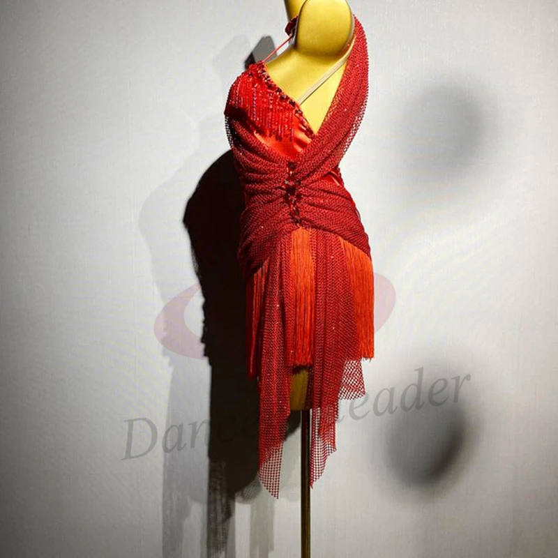 Strój do tańca latynoamerykańskiego dla dorosłych i dzieci, ekskluzywny, szyty na miarę, czerwona siatka z diamentami, frędzle, tango, samba, kamienie AB, strój na występy.