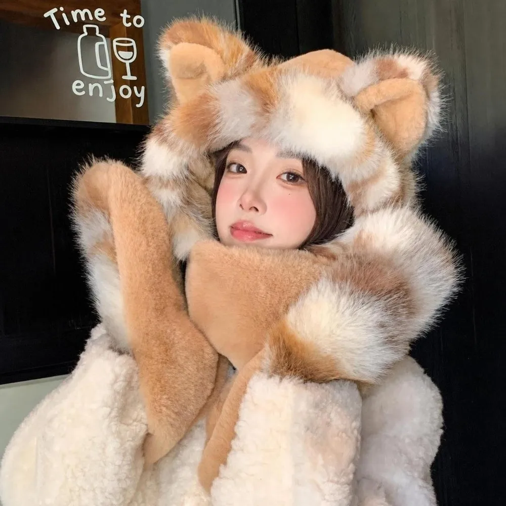 3-in-1 Design Hat Scarf Gloves Set Faux Fur Thick Hooded Scarf Gloves Combo Fluffy Soft Windproof Warm Lining