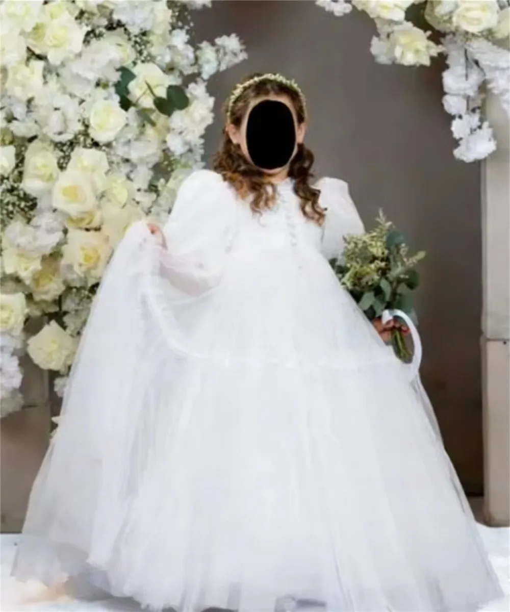 Customized Pleated High Neck Flower Girl Wedding Dress Puffy Princess Birthday Party Dress Bridesmaid First Communion Gown