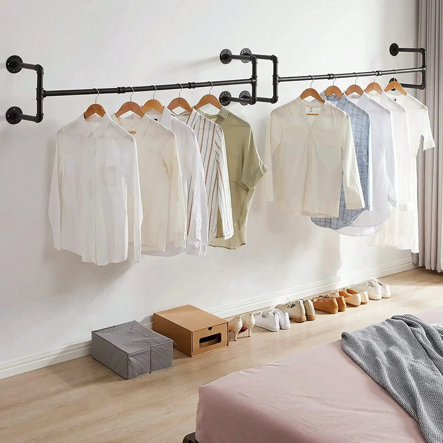 Industrial Pipe Clothes Rack Wall Mounted Black Heavy Duty Metal Garment Bar Unit Hanging Closet Rod Space Saving Rail System For Clothes Laundry Room Bedroom Retail Display Housewarming Gift