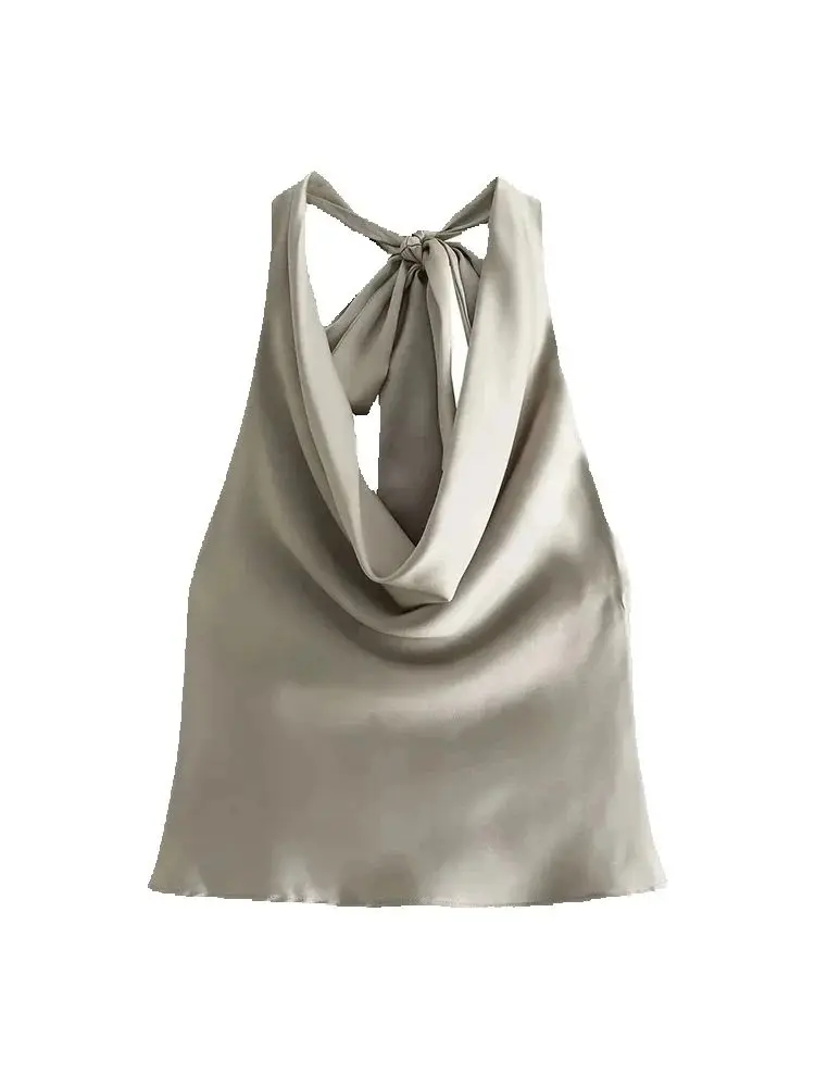 TRZA-Women's Flowing Draped Halter Neck Tank Tops With Bow Tied, Backless, Sleeveless, Female Camis, Sexy, Fashion image 2