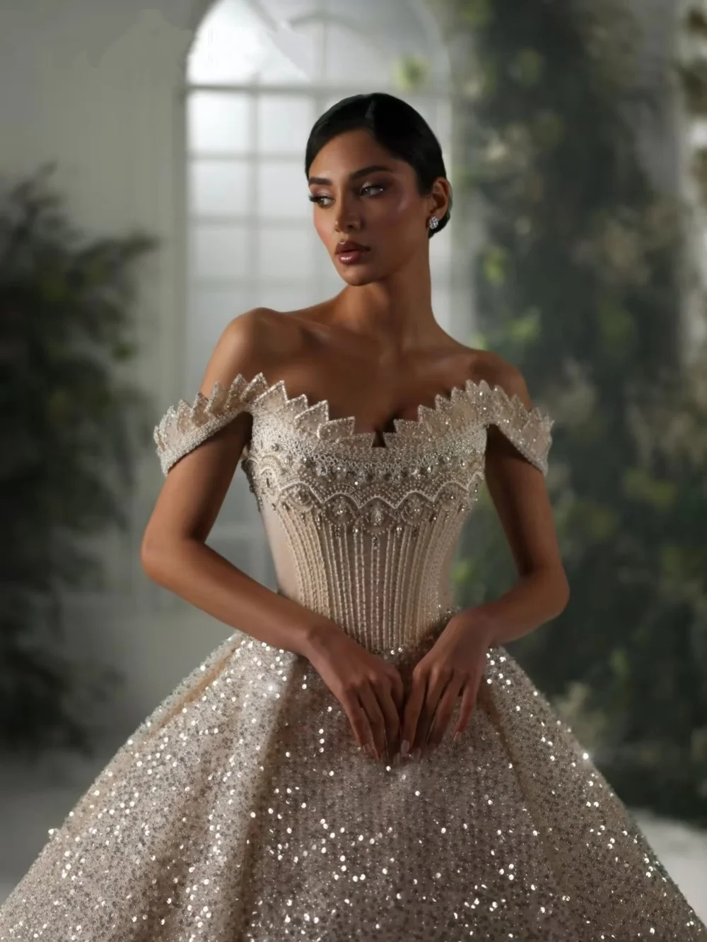 Unique Off the Shoulder Wedding Dresses Sequins Bridal Gowns A Line Pearls Princess Sweep Train Customized Vestidos De Novia