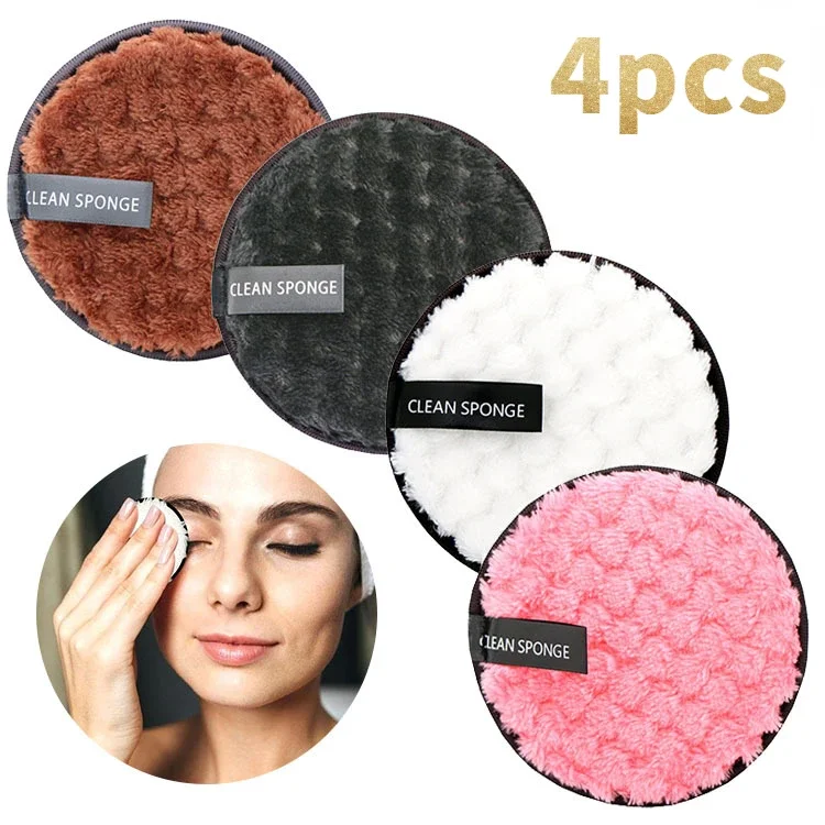 4pcs Microfiber Makeup Remover Pads Round Reusable Washable Cotton Wipes Pads Face Cleaning Towel Powder Puff Make Up Eraser