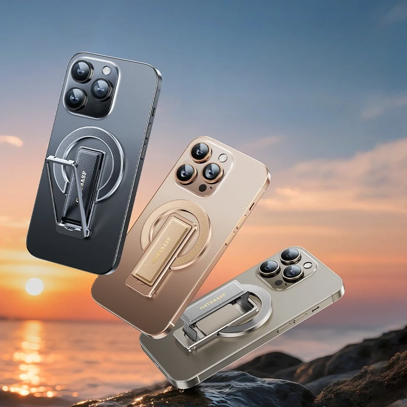 Oatsbasf Supporto per telefono magnetico in metallo 2 in 1 e impugnatura ad anello in vera pelle Supporto per telefono regolabile pieghevole universale per iPhone