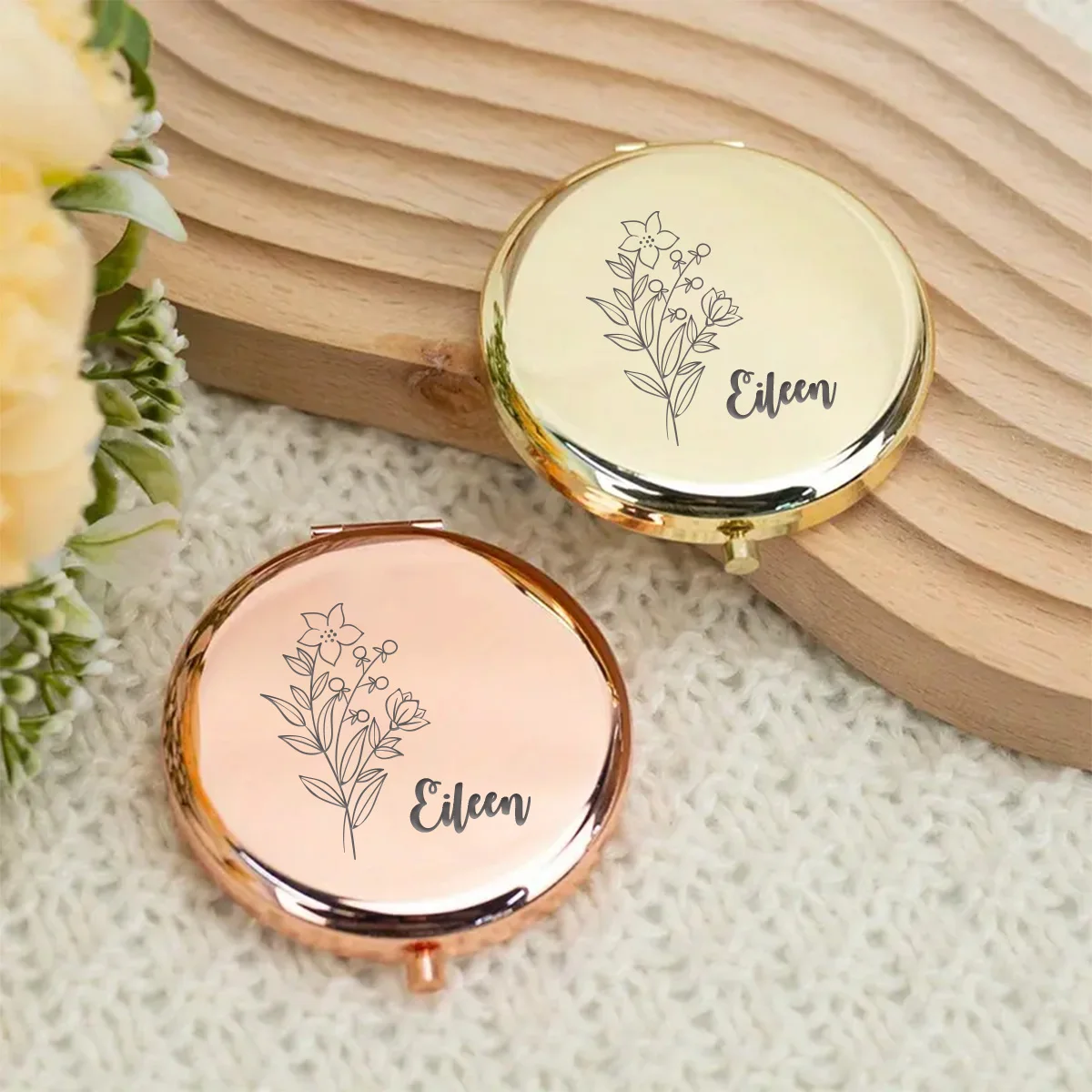 1pc Lovely Beautiful flower Custom Name Folding Mirror Round Circle Mirror Mirror With Name Anniversary gifts