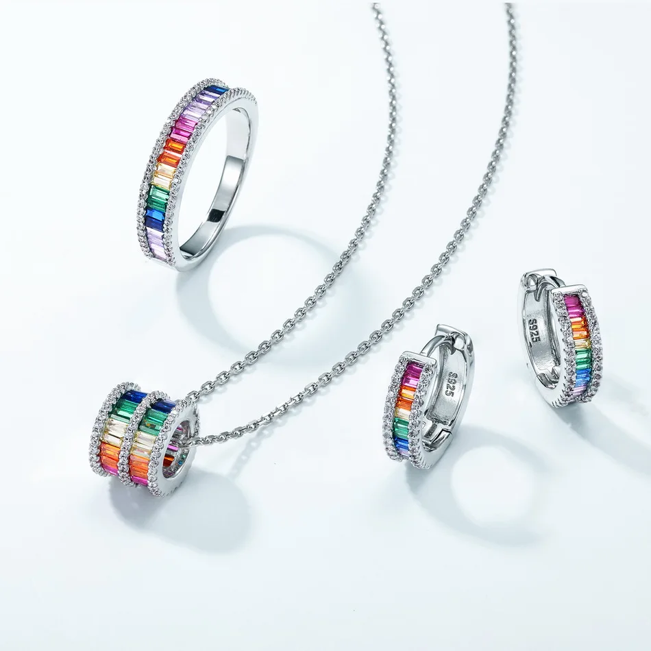 

WES 925 Sterling Silver Rainbow 1.25*2.5mm Crystal Zicron Jewelry Set Solid Full Circle Gemstone Female Gifts Wedding Wholesale