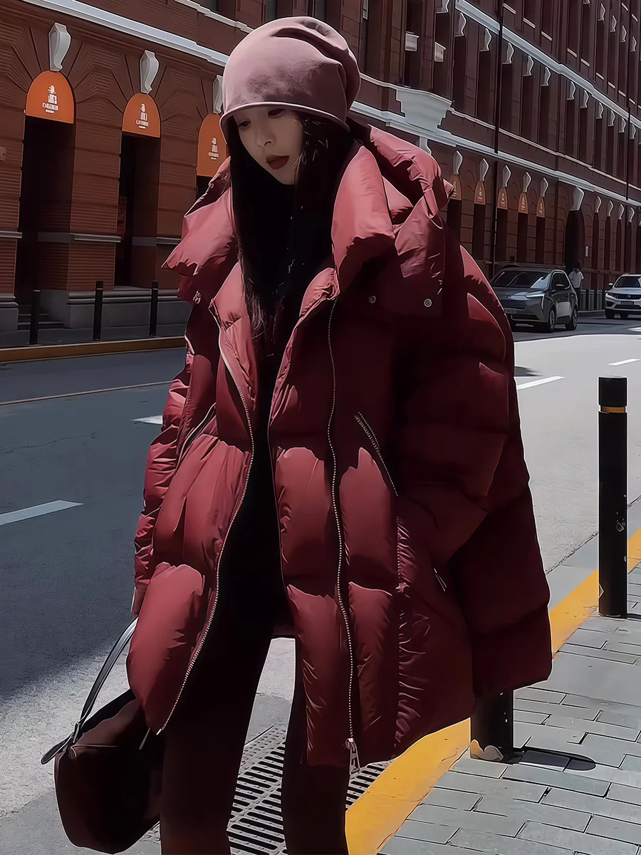 

Красная женская пуховая куртка свободного кроя, теплая повседневная удлиненная модель с капюшоном на молнии, утепленная зимняя верхняя одежда