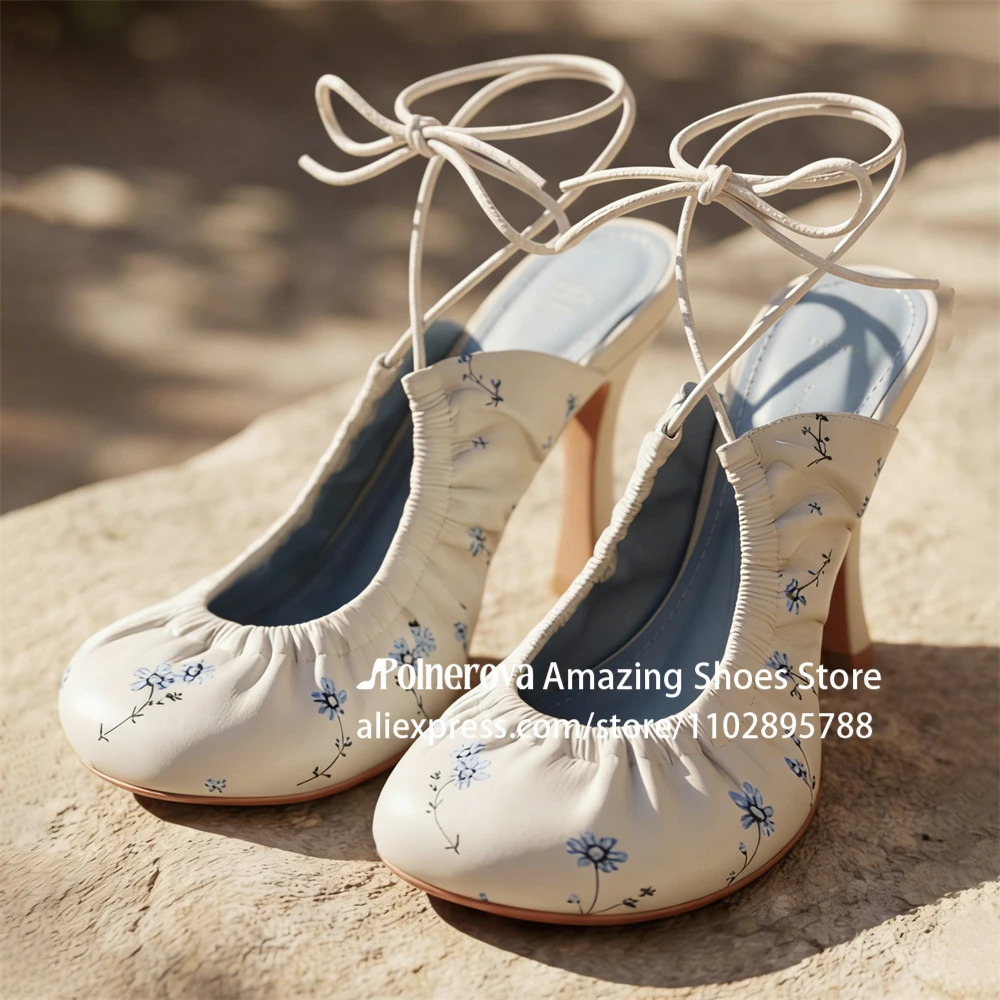 

Blue White Flowers Print Ankle Strap Pumps Cute Round Toe Stiletto Heels Sweet Cross Straps Handmade Footwear for Women Custom