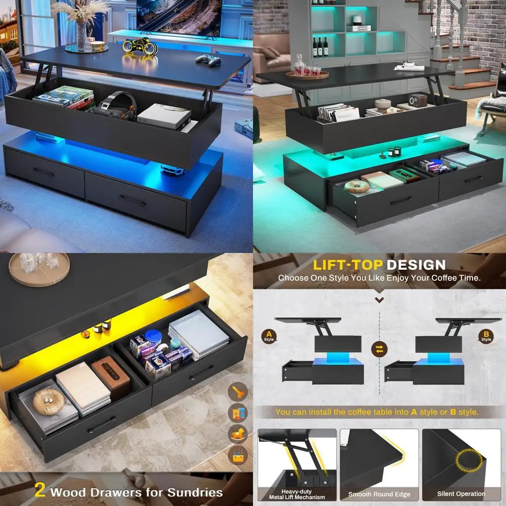 

Storage Coffee Table with Lift Top and LED Light for Living Room, Small 2-Drawer Table for Modern Home Decor