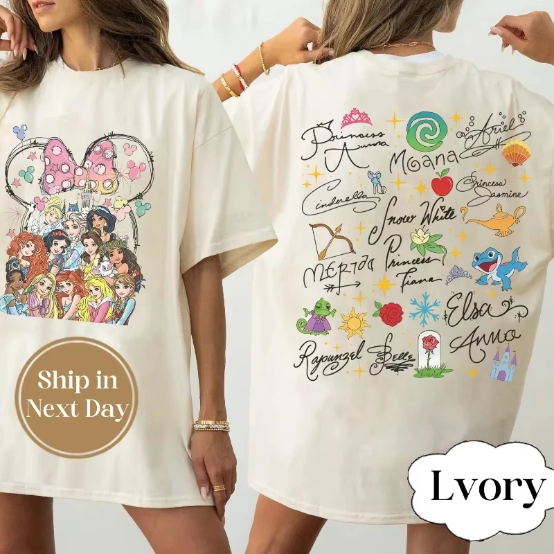 

2026 New Disney Princess T-shirt Watercolor Magical Castle Princess Cotton T-shirt Princess Signature Sketch Parent-child Outfit