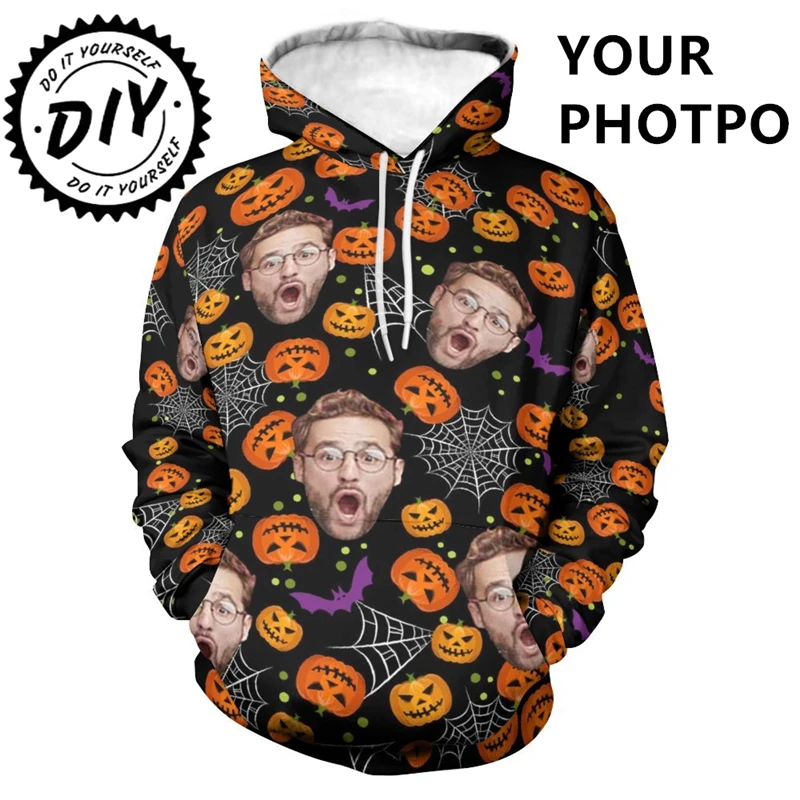 Funny Halloween Holiday Party Personalized Photo Hoodie Casual Diy Image Sweatshirts Custom Face Pullovers Pumpkin Bat Hoody Top