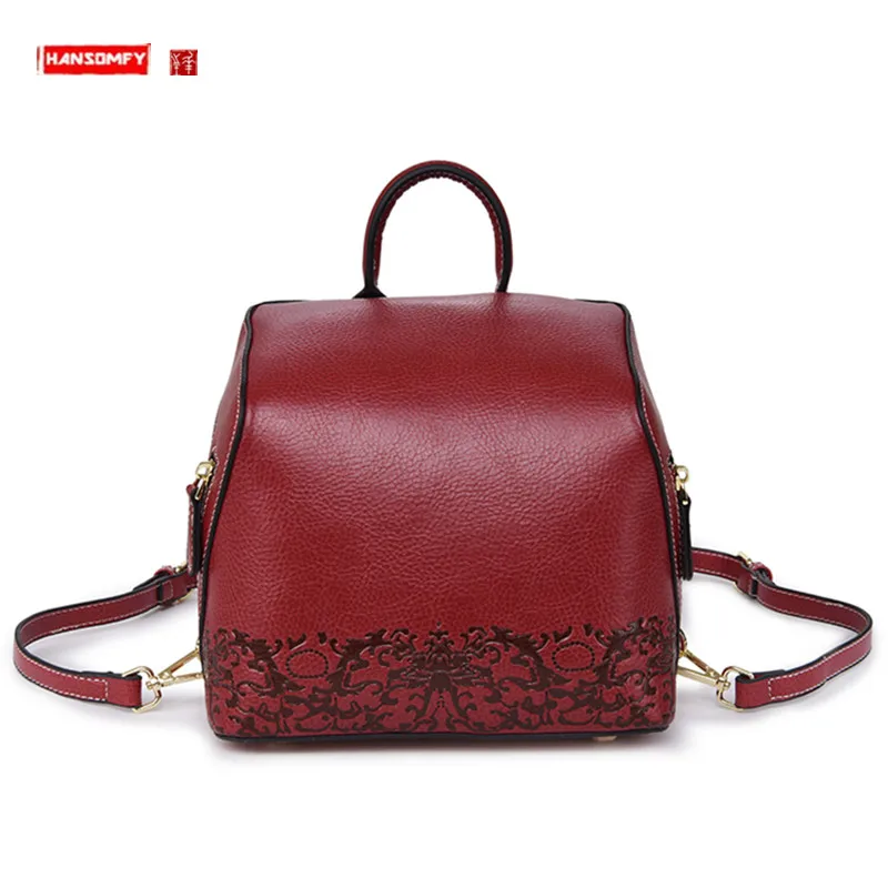 

Luxury Fashion Genuine Leather Women Backpacks Handbags Casual Retro Girls Female Shoulder Bags Embossing Flowers Backpack