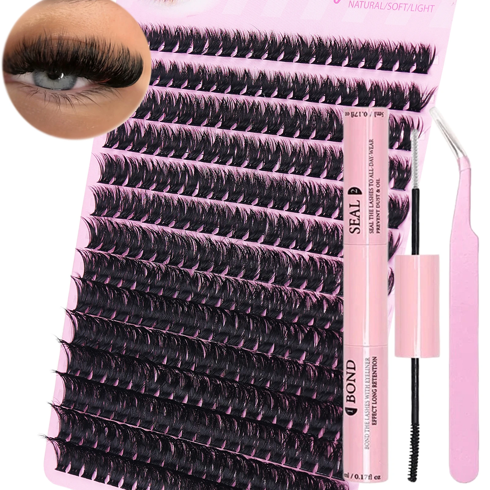 Kit d'extensions de cils en grappe D Curl, longueurs mixtes, avec pince à épiler et colle à cils, facile à appliquer pour le maquillage quotidien à domicile