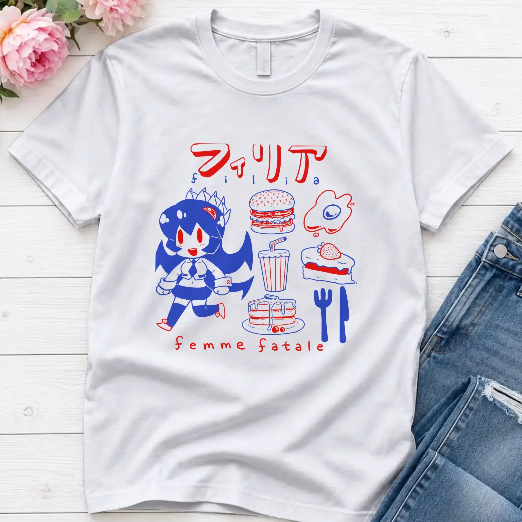 Skull Girls  Filia  Eating Time  Cotton T-Shirt For Man Summer Touhou Project Streetwear T-Shirts O Neck Harajuku Tee Shirt Tops