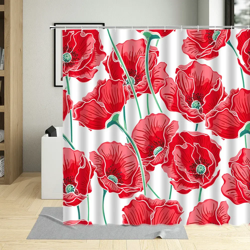 Beautiful Red Poppies Retro Floral Bathroom Decor Shower Curtain Fabric For Living Room Background Decoration Curtains With Hook