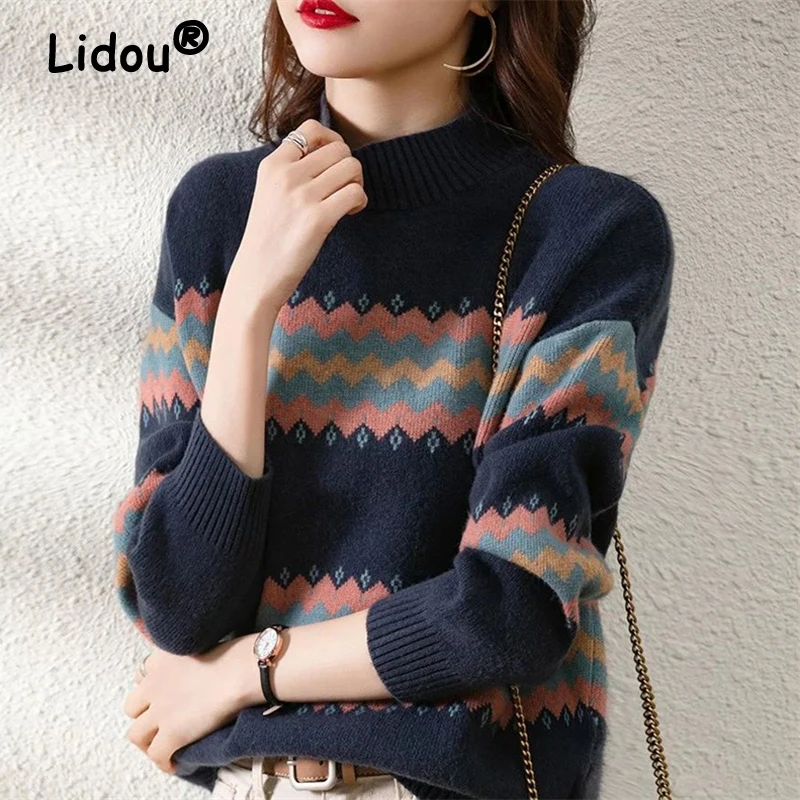 Autumn Winter Women\'s Vintage Striped Jacquard Pullover Knitted Sweater Casual Simple O Neck Loose Long Sleeve Top Female Jumper