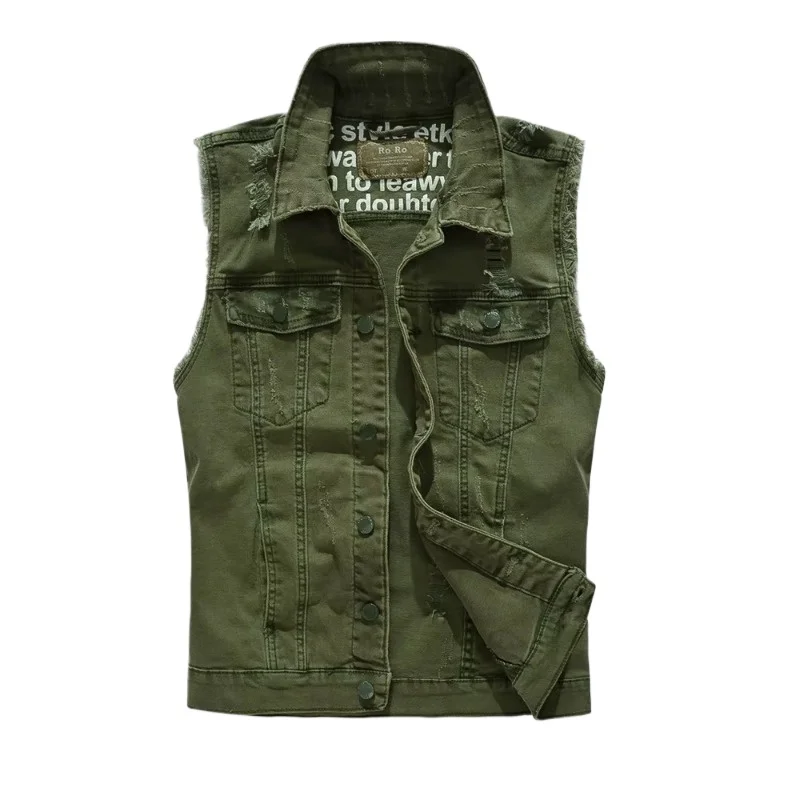 New Summer Men Light Blue Denim Vests Jackets Fashion Male Denim Waistcoats Vests Man Cotton Streetwear Holes Jeans Vests 5XL