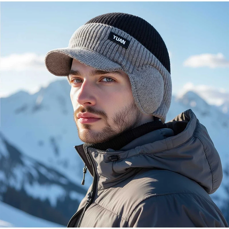 Berretto da baseball in maglia bicolore Cappello lavorato a maglia caldo per esterni Cappello da papà alla moda con protezione per le orecchie Perfetto per cappelli da coppia per uomo