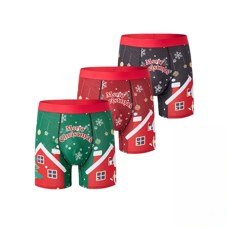 

2PCS Christmas Men's Printed Underwear Breathable Comfortable Elastic Boxers Christmas Carnival Printed Flat Corner Underpants