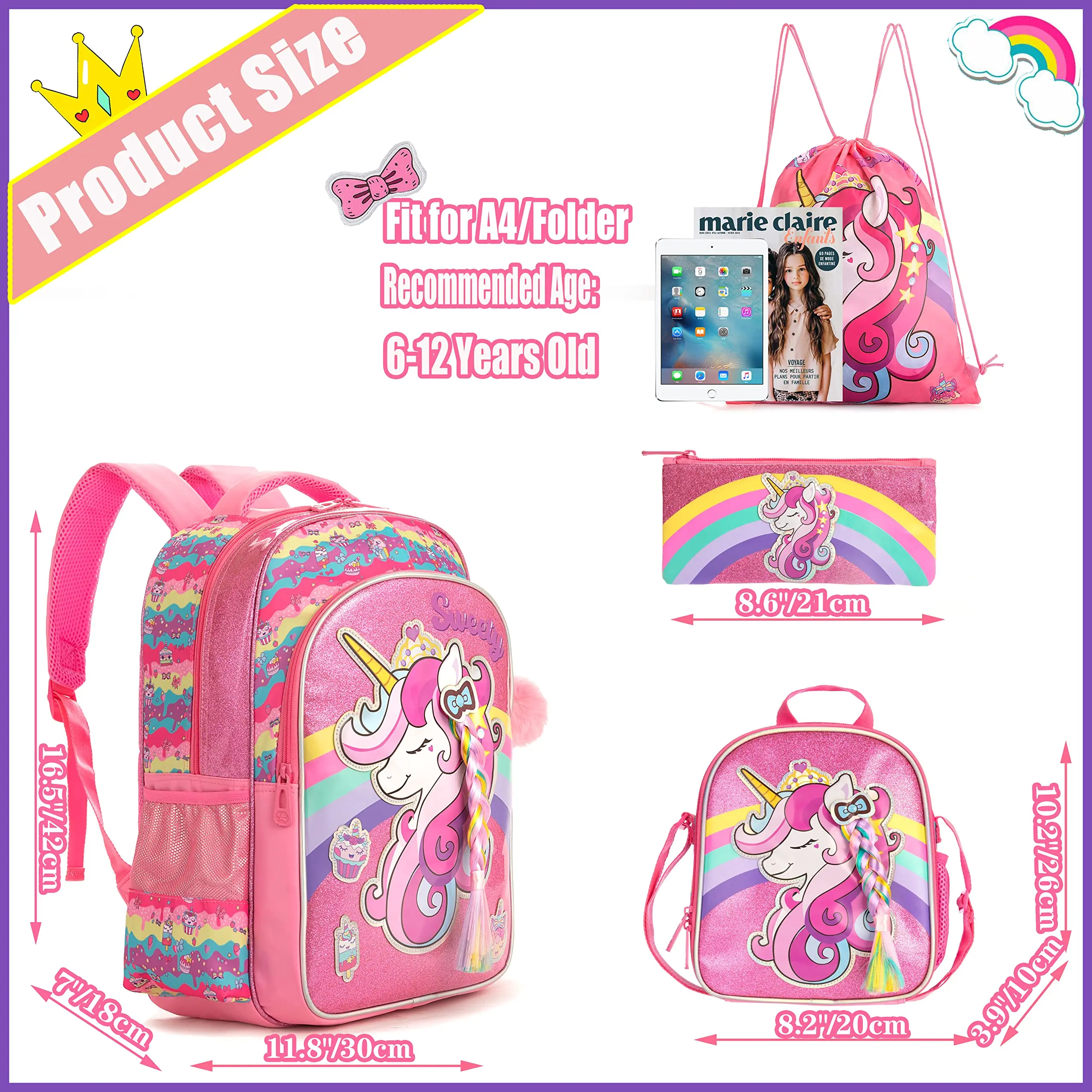 Unicorn Backpack for Girls School Backpacks Kids Cute Bookbag with Lunch Box,Drawstring Bag for Elementary Preschool Students