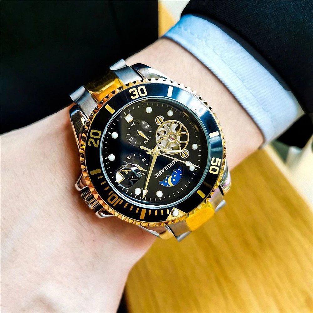 AOKULASIC Classic Business Mechanical Watches Rotating Bezel Tourbillon Skeleton Automatic Watch for Men Luxury Steel Strap New