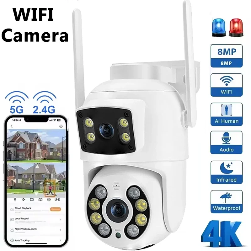 8MP Dual-lens Camera Voice Intercom Dual Screen WiFi Camera Waterproof Wireless 4K Dual Sensor Dual Screen Monitor Surveillance