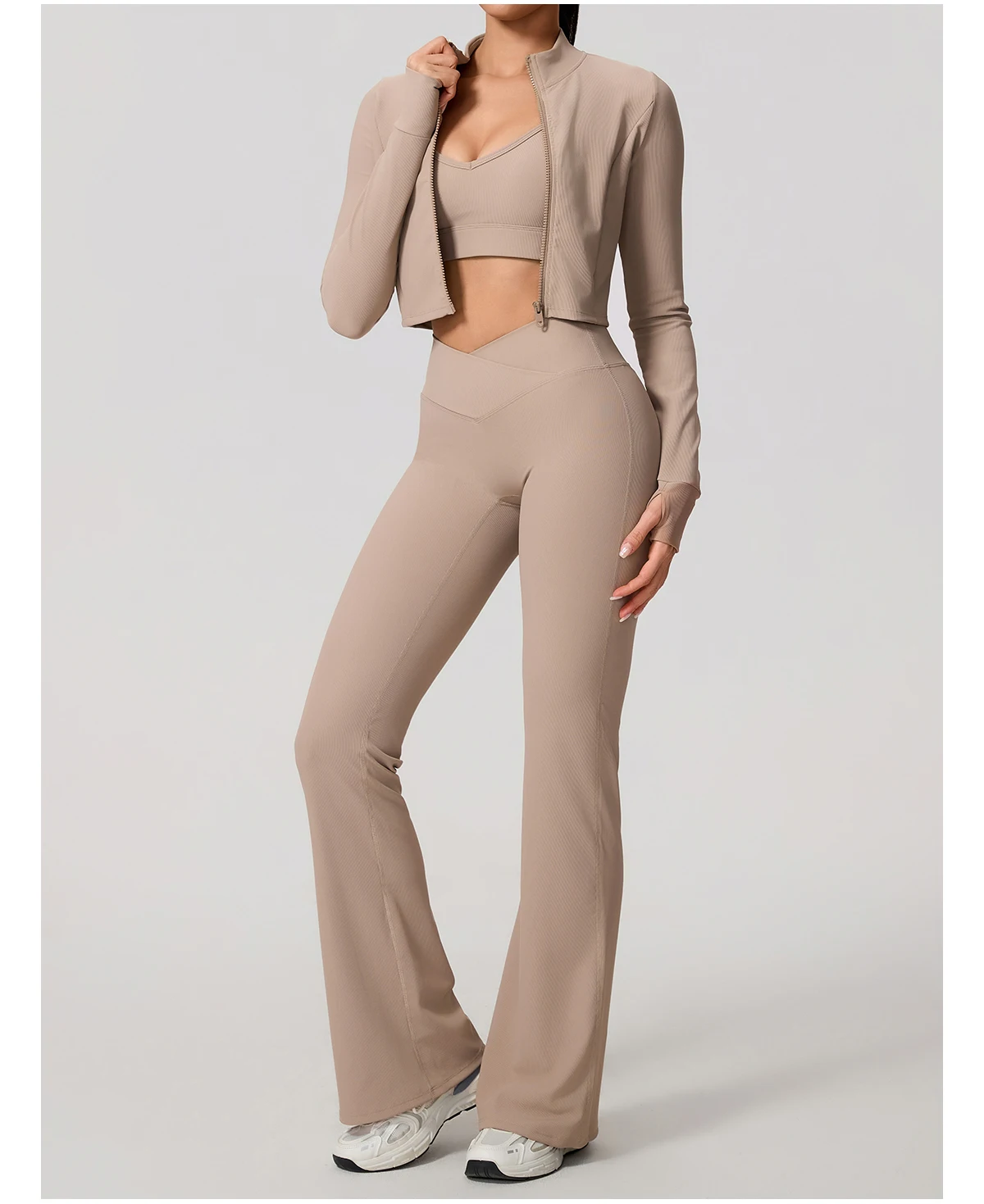 Sommer Damen 2-teiliges Langarm-Yoga-Set V-Taille Gerippte Schlaghose Sportsets Damen Fitness Gym Sportanzug – Detail 23