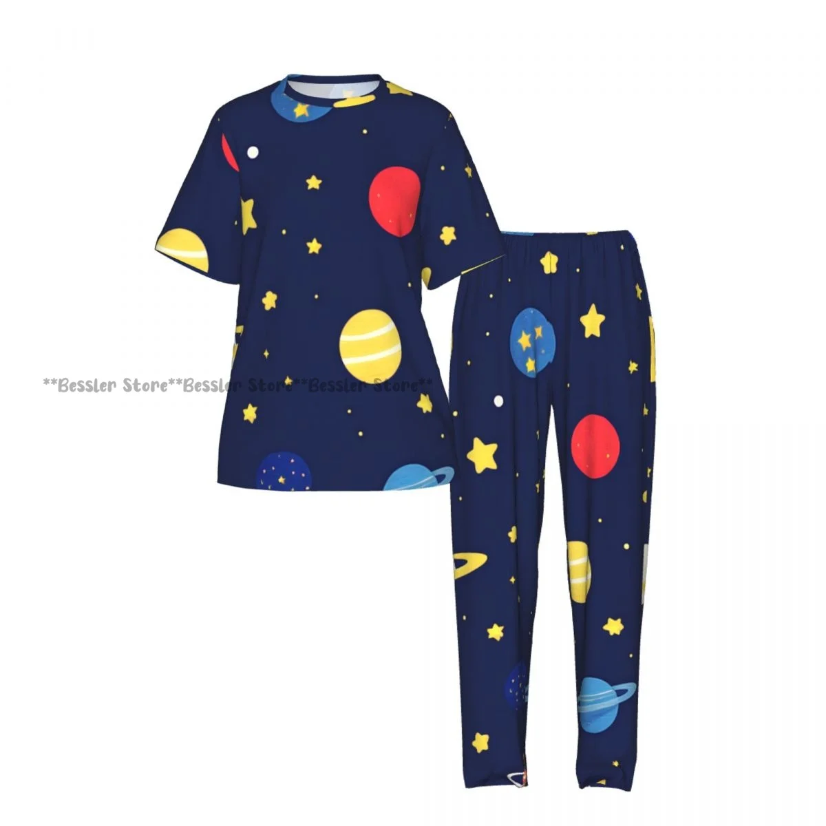 Women Pajama Sets Lounge Sleepwear Colorful Planets And Stars Cute Pattern Short Sleeve Nightwear