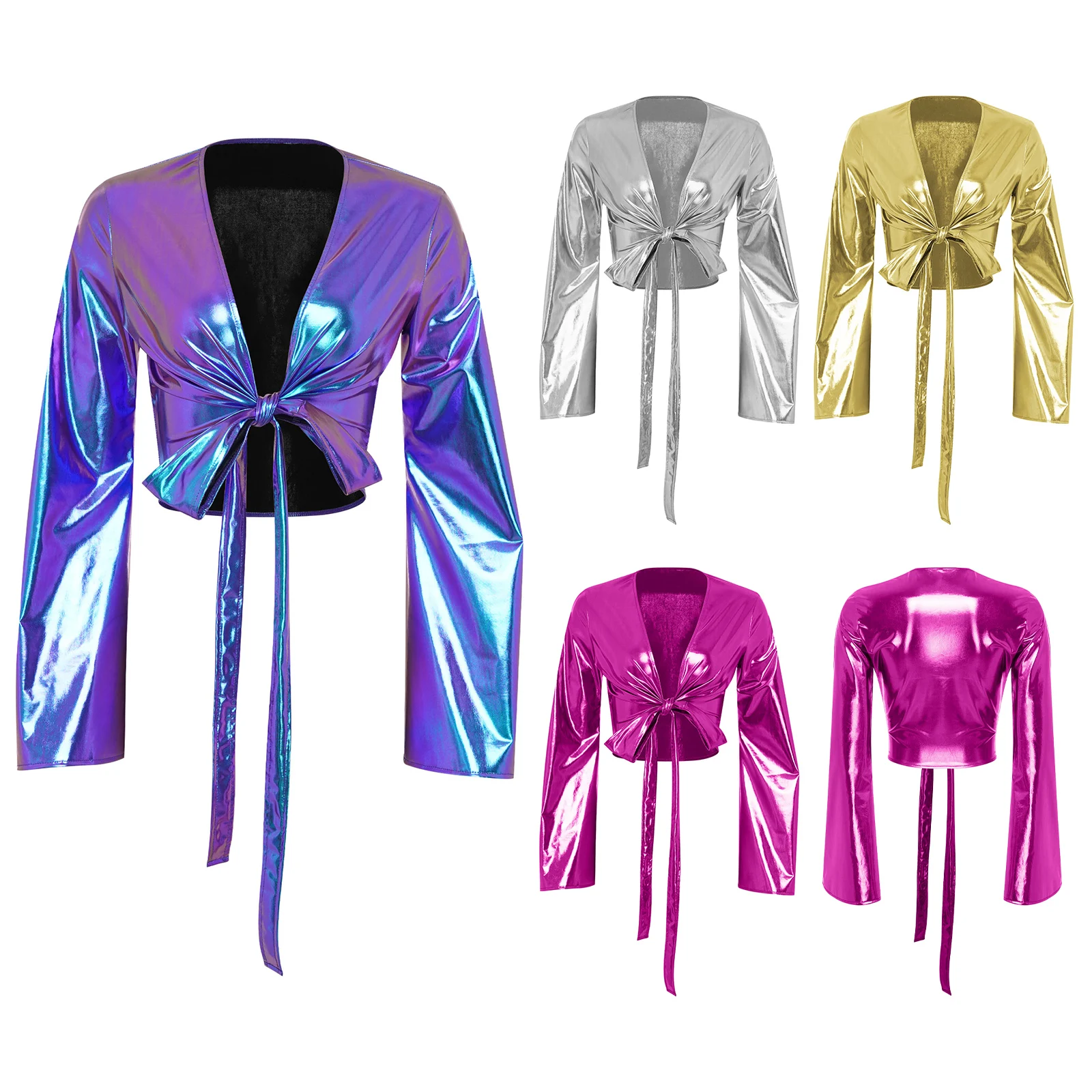 レディースヨガワークアウトダンストップス、レースアップラップメタリックトップス、ロングフレアスリーブクロップトップ、カーニバルパーティー、クラブウェア用カバーアップ