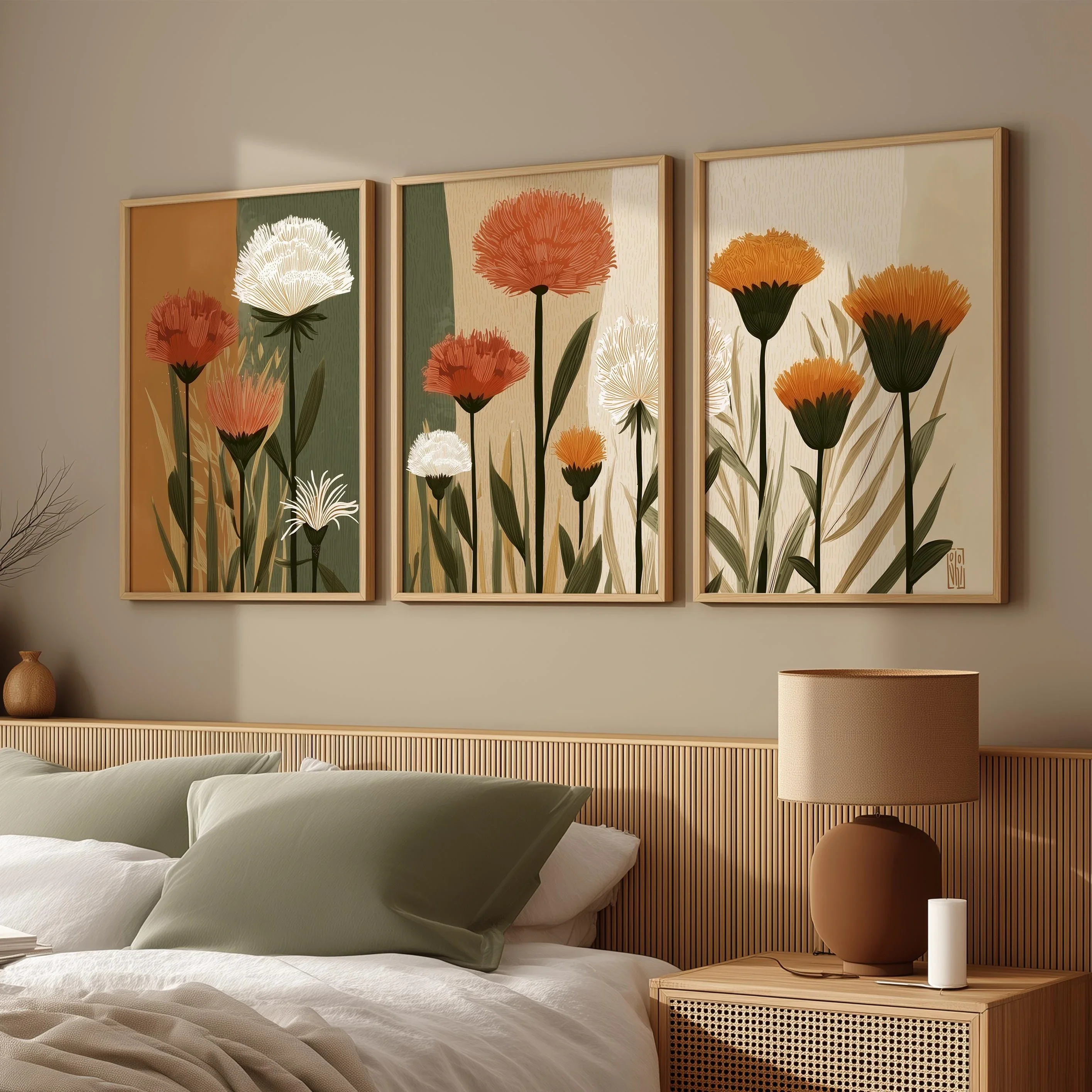 Large-sized frameless 3pcs  Boho Textured Wildflower Wall Art,Burnt Orange White Dandelion Botanical Canvas Prints,Neutral Ea