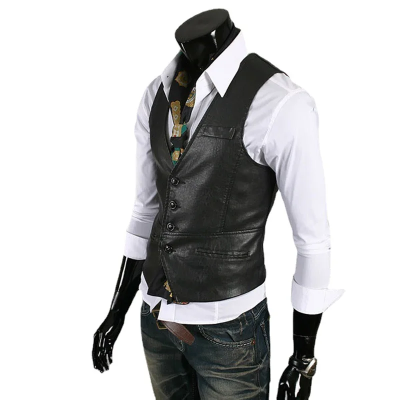 Brown V-Neck Korean Style Men's Vest Casual Performance Fashionable Large Size Simulation Leather Sensation Singers Outfit