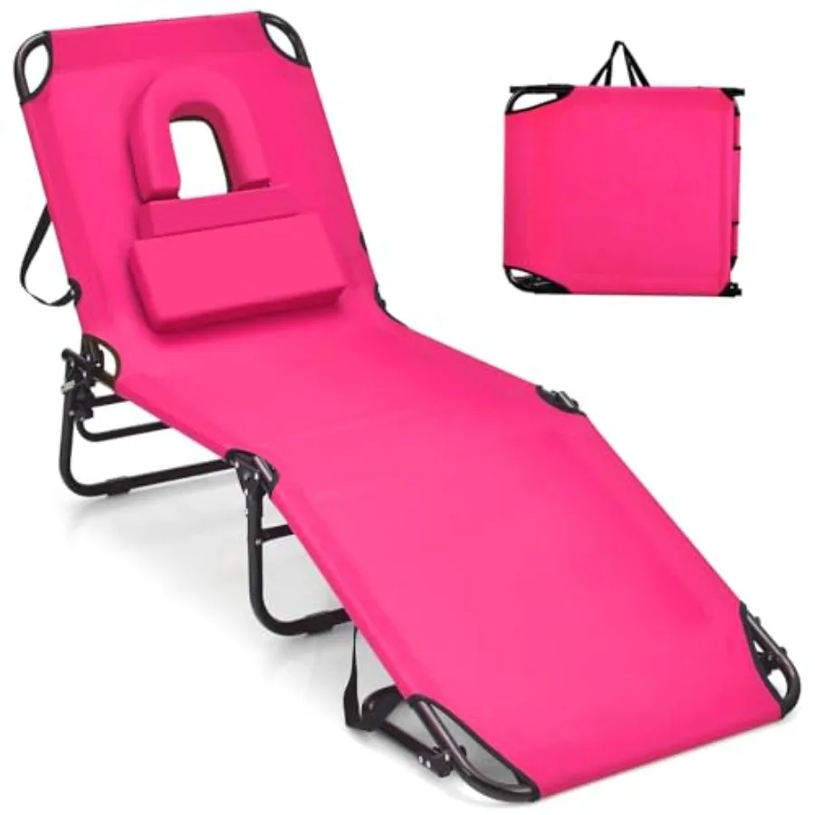 

Tanning Chair for Beach, Patio, Poolside, Lawn 330lbs Capacity, Pink Fabric, Washable Pillow Carry Strap, Adjustable Folding Ch