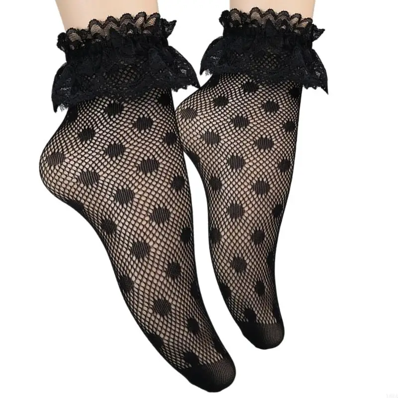 Y88A Womens Black Match Sochkle Robffle Frilly Lace Mesh Robe chaussettes