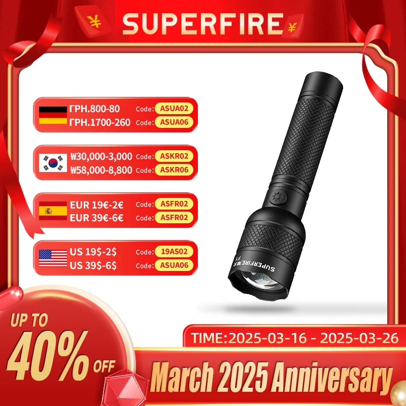 SUPERFIRE-Lanterna LED recarregável, portátil, poderosa, brilhante, lâmpada de acampamento, caminhadas ao ar livre, autodefesa, 240m, F1