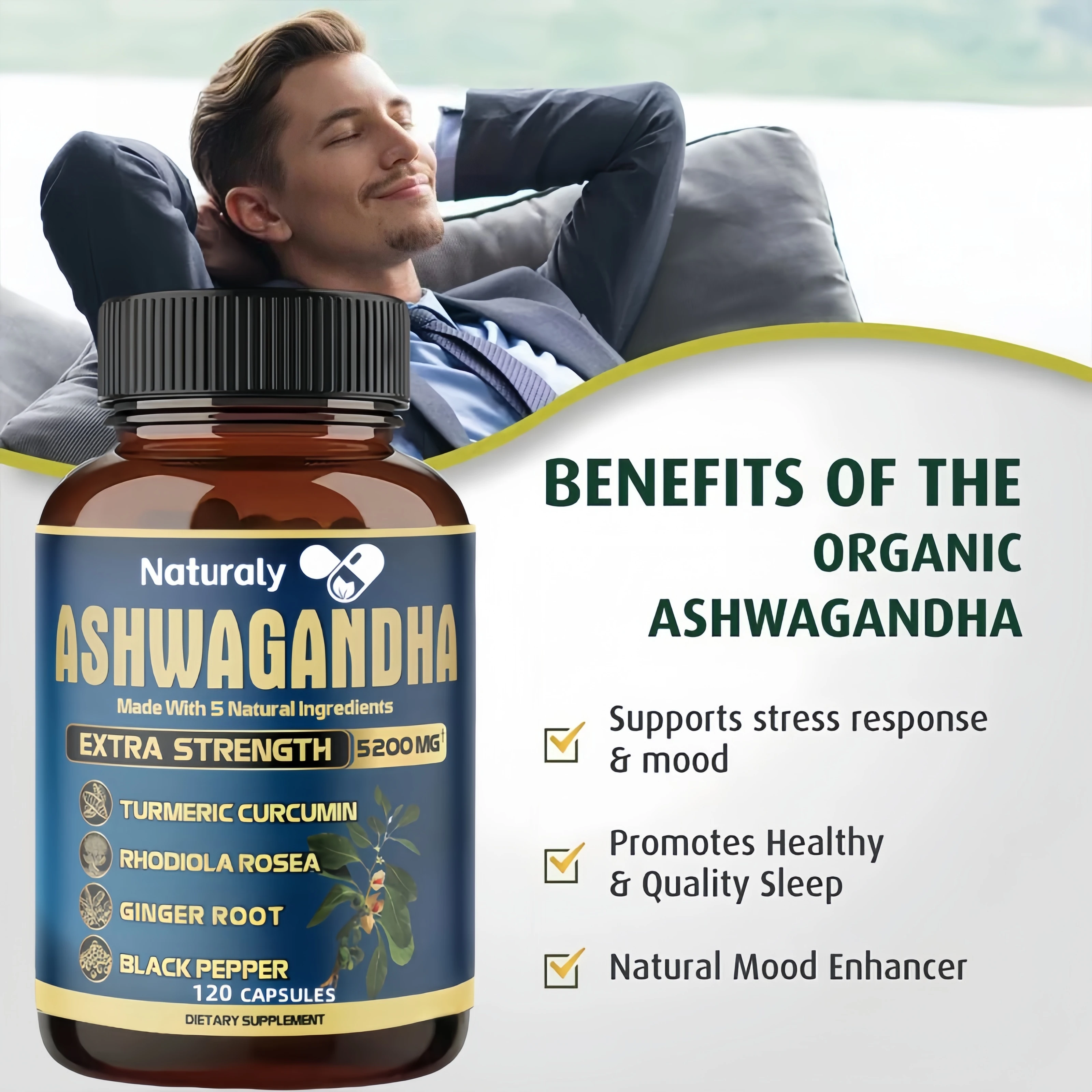 Ashwagandha Capsules 5200 mg Stress Mood Support Formula for Relaxation, Energy and Focus, 120 Vegetarian Capsules